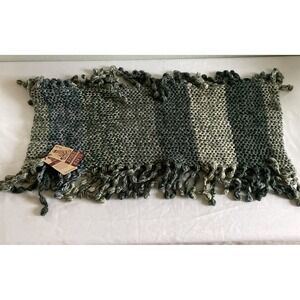 NWT! Andes Fair Trade Handmade  Knit Fringe Infinity Scarf Green Gray Striped